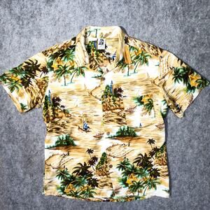 Kennington California Mens Hawaiian Shirt Large Tan Floral Camp Club Vintage